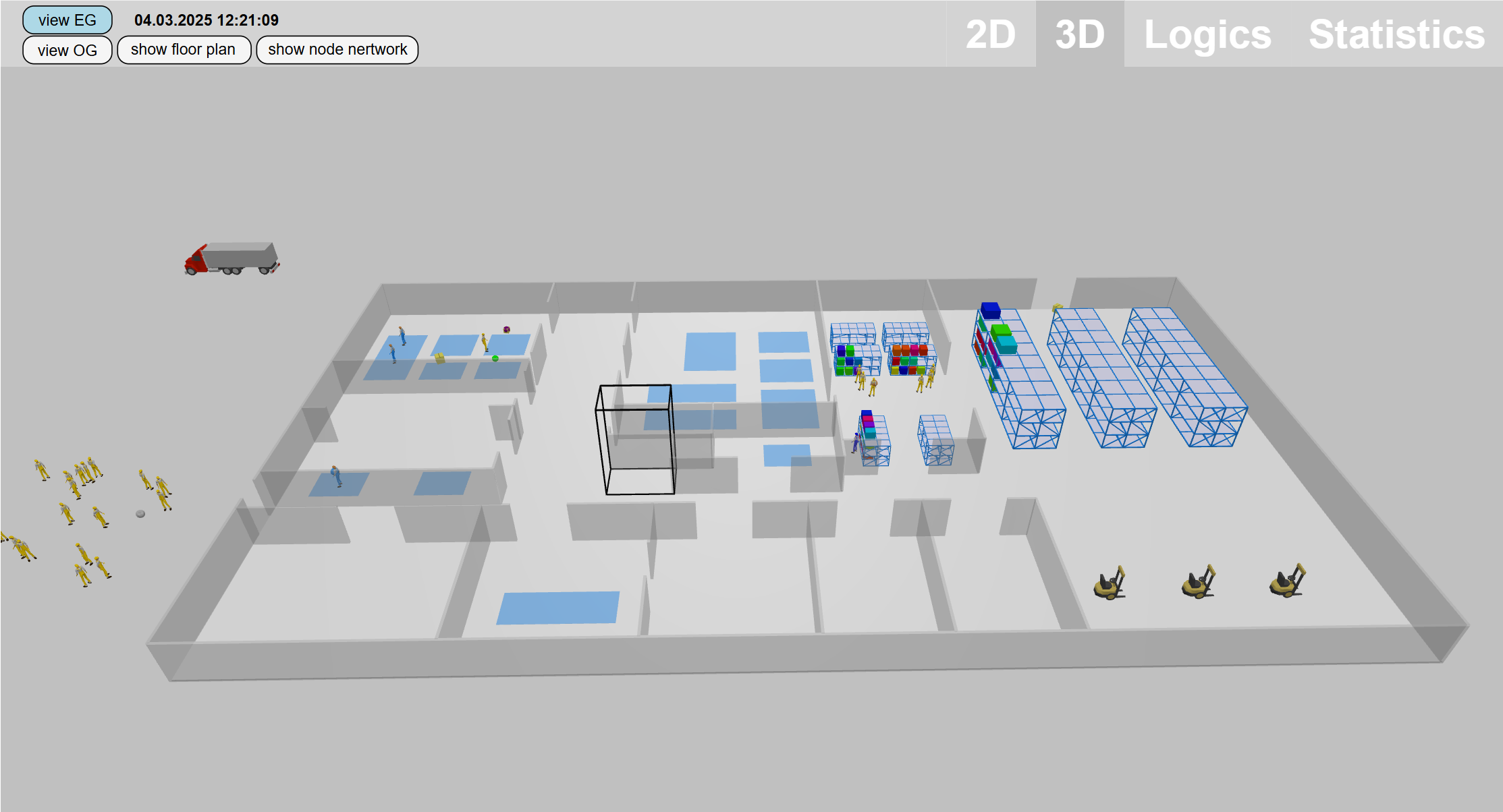3D-Ansicht desselben Simulationsmodells: Fabrikhalle mit Arbeitern, Lagerregalen, Staplern und LKW-Anlieferung
